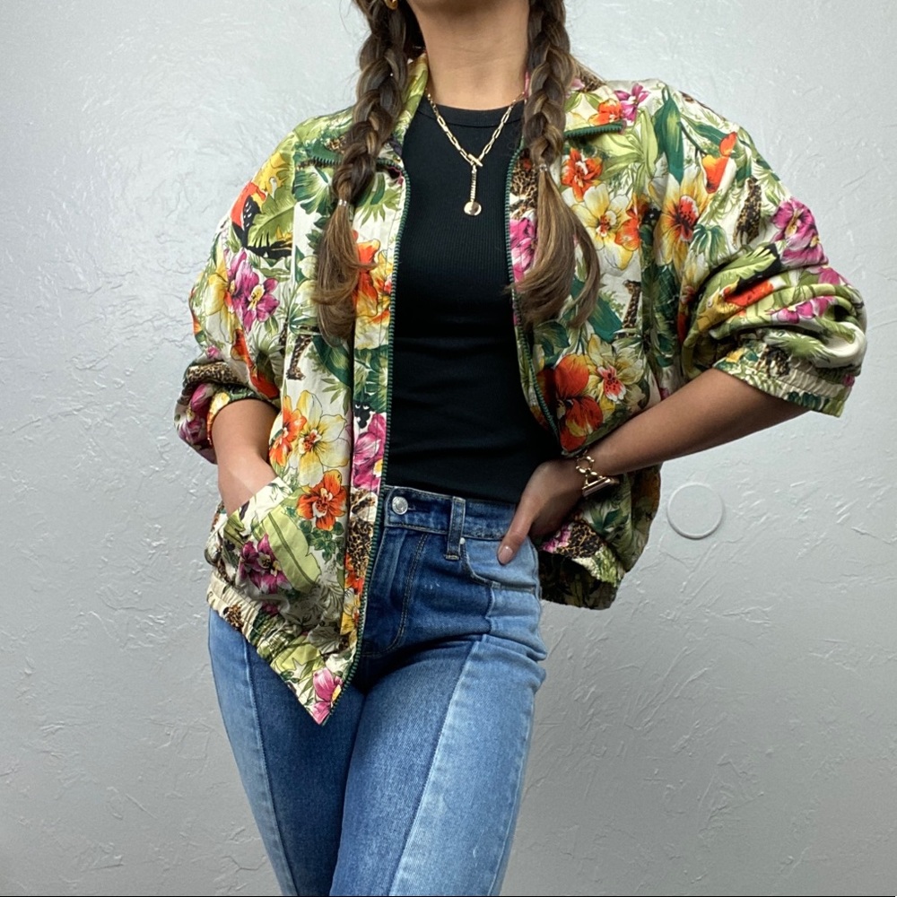 Vintage Atlantic Beach silk floral/leopard windbreaker jacket 90’s streetstyle M